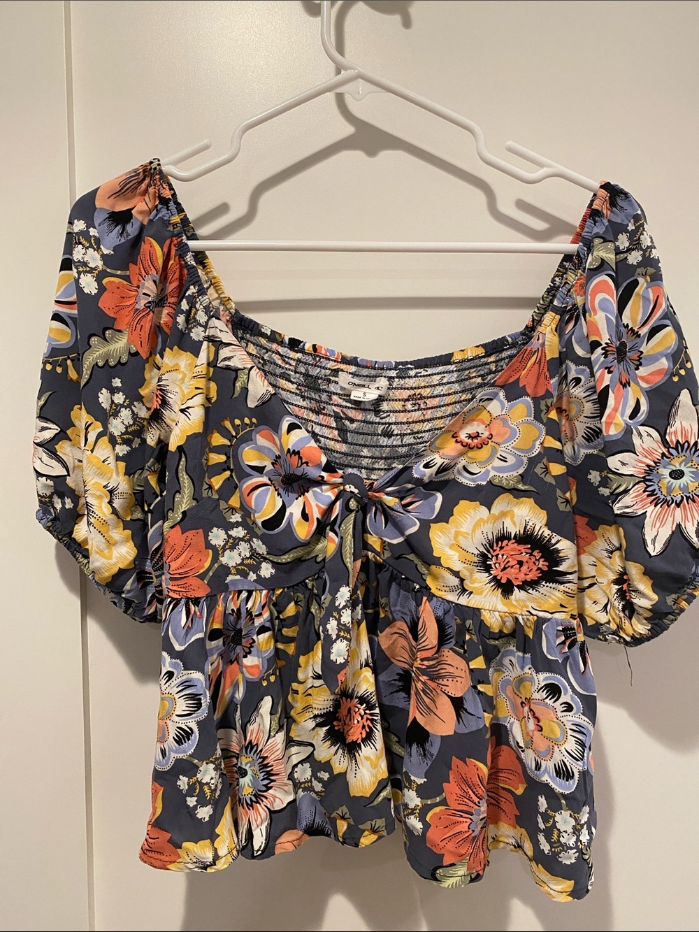 Floral Puff-Sleeve Tie-Front Top - Navy/Yellow/Orange